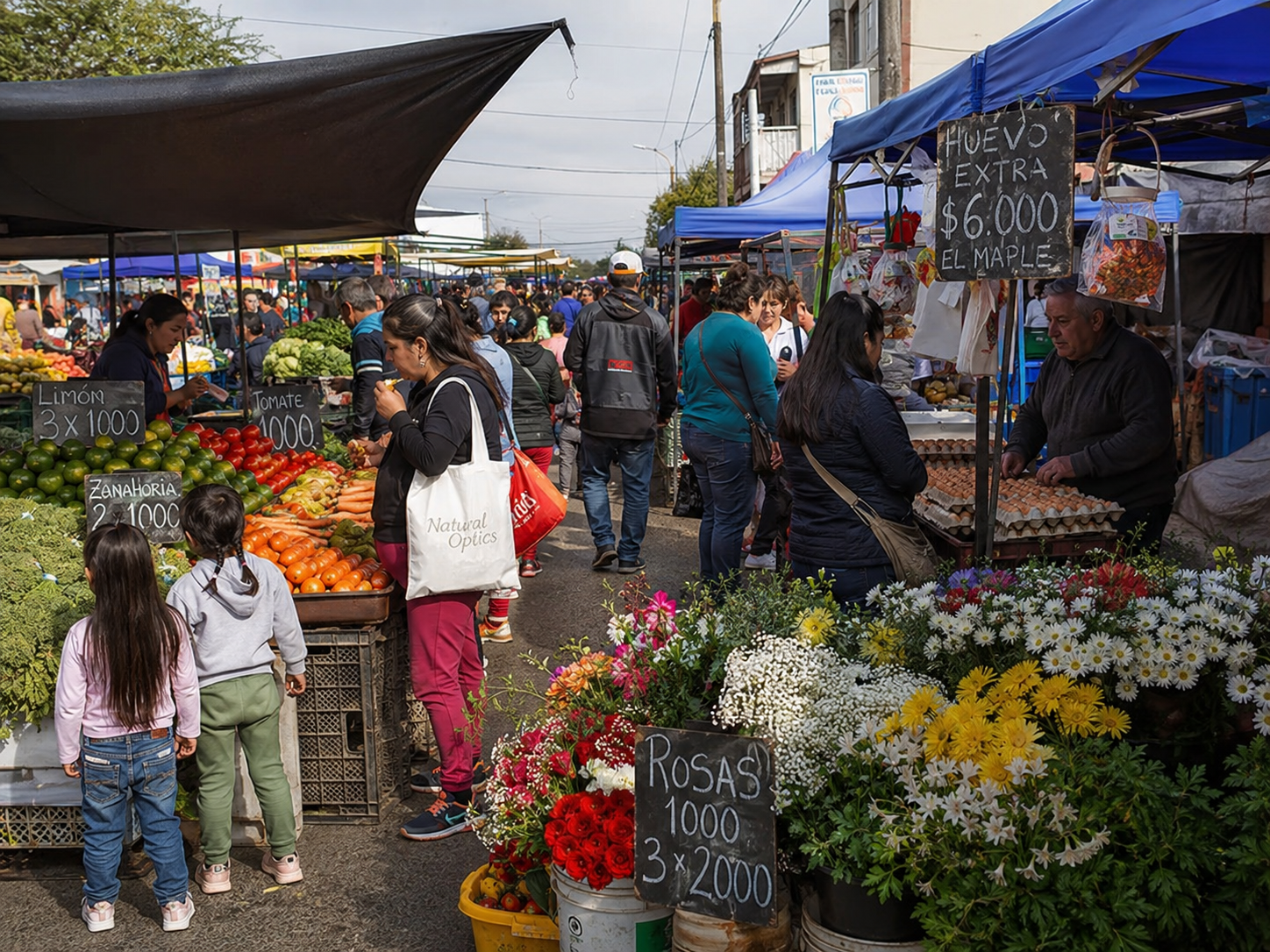 Puestos de huevos, flores y verduras en una feria libre